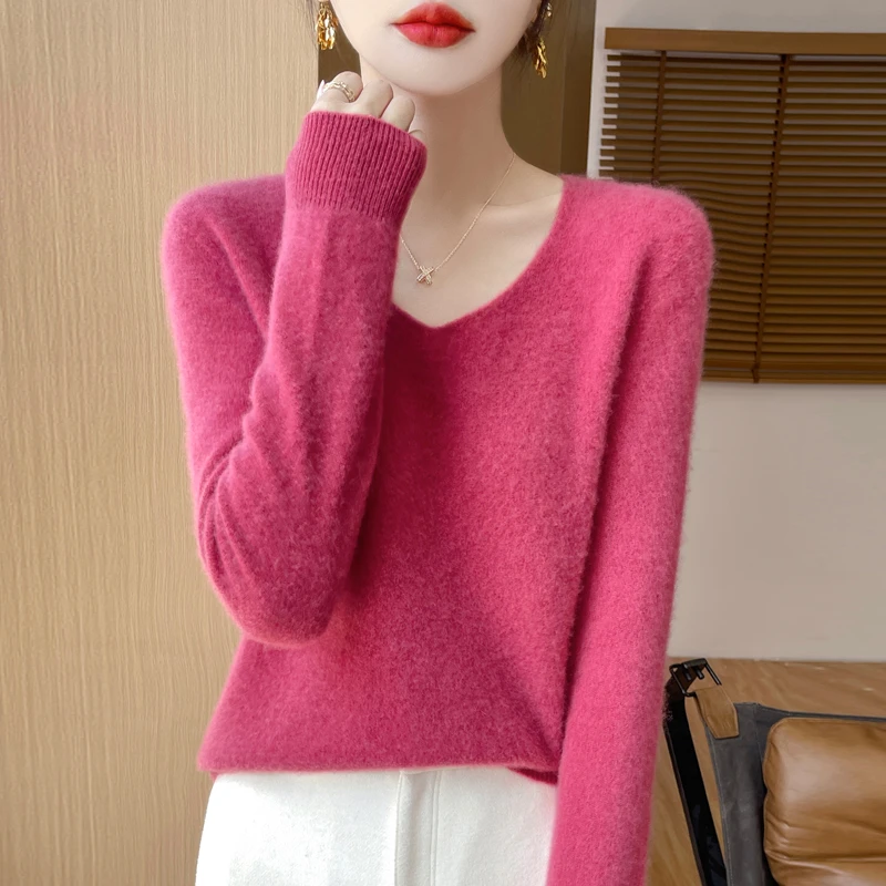【一线成衣】V领羊毛衫女套头针织打底衫秋冬新款百搭毛衣