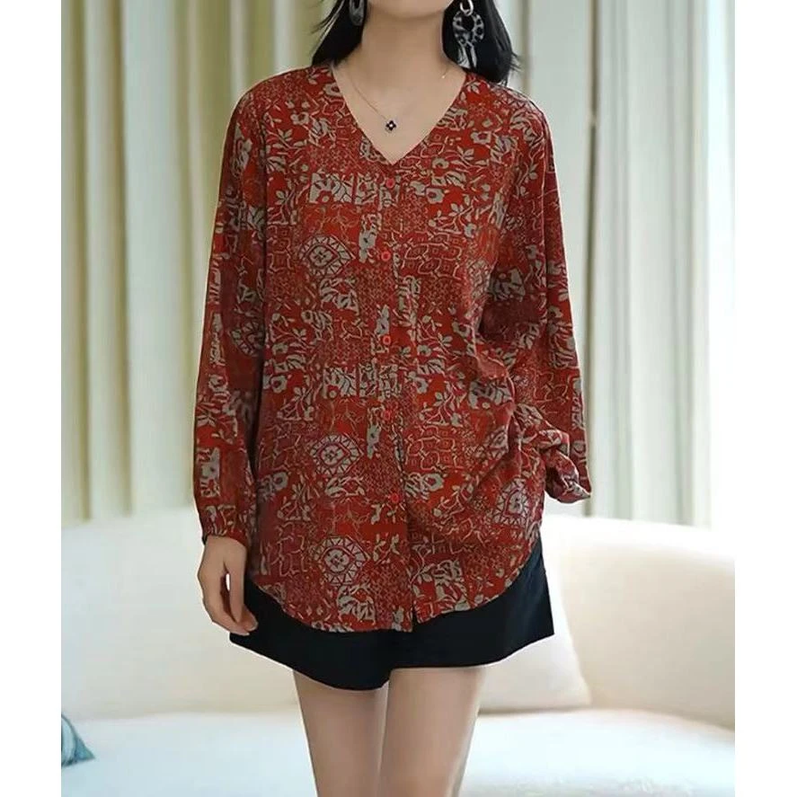 轻奢新中式印花V领上衣长袖2024年早秋新款遮肚百搭休闲上衣1581