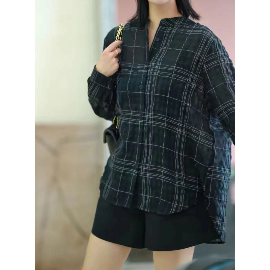 2024早秋新款时尚格子衬衫女长袖宽松洋气休闲百搭衬衣上衣1590