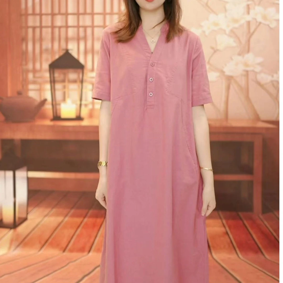 气质时尚中长款短袖连衣裙2024夏季新品宽松显瘦V领裙子1256