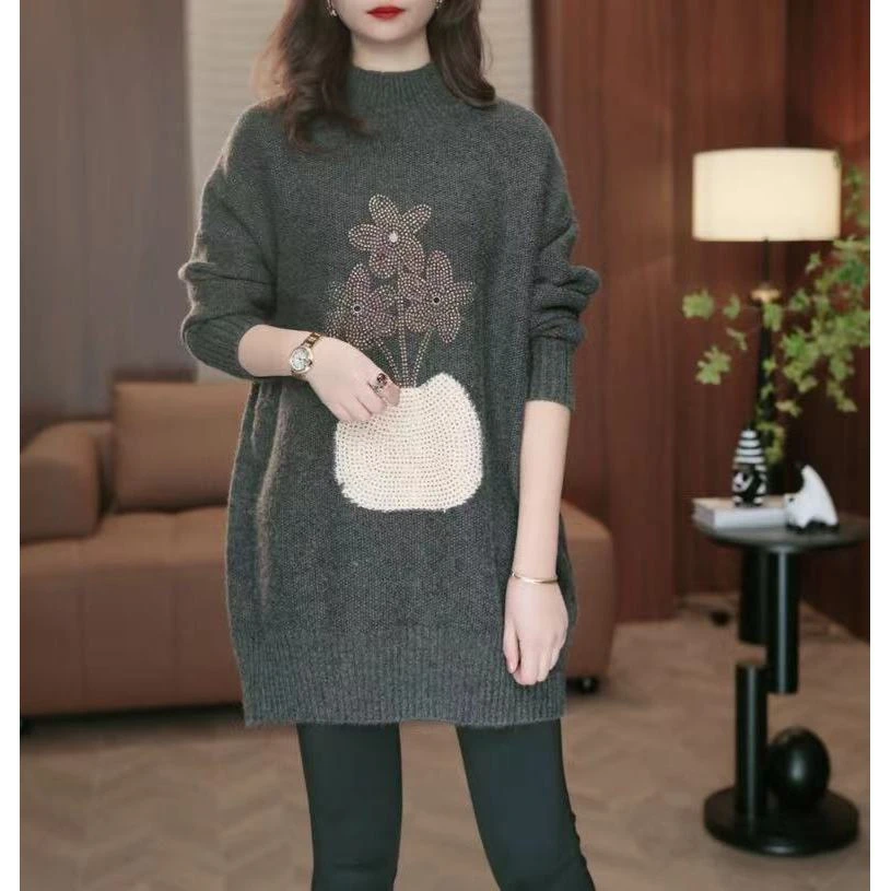 花朵带钻高级感毛衣女秋冬2024减龄设计感中长款针织打底衫潮2864