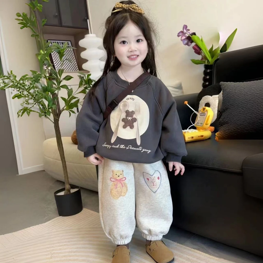 2025新款秋冬加绒洋气时髦灰色长袖卡通卫衣休闲套装新