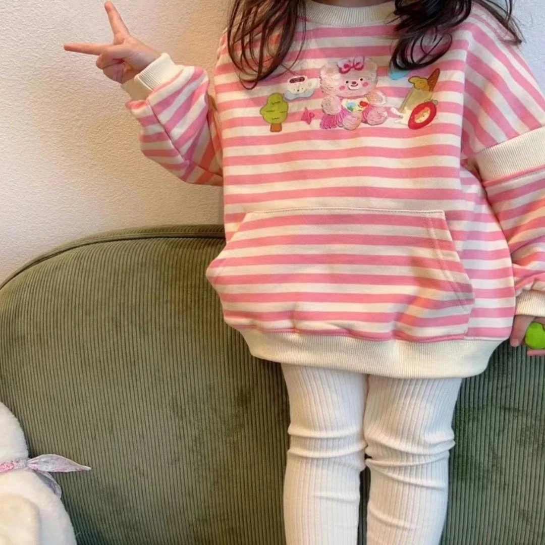 女童韩版洋气条纹套头卫衣小朋友幼儿园秋装2023新款卡通长袖新