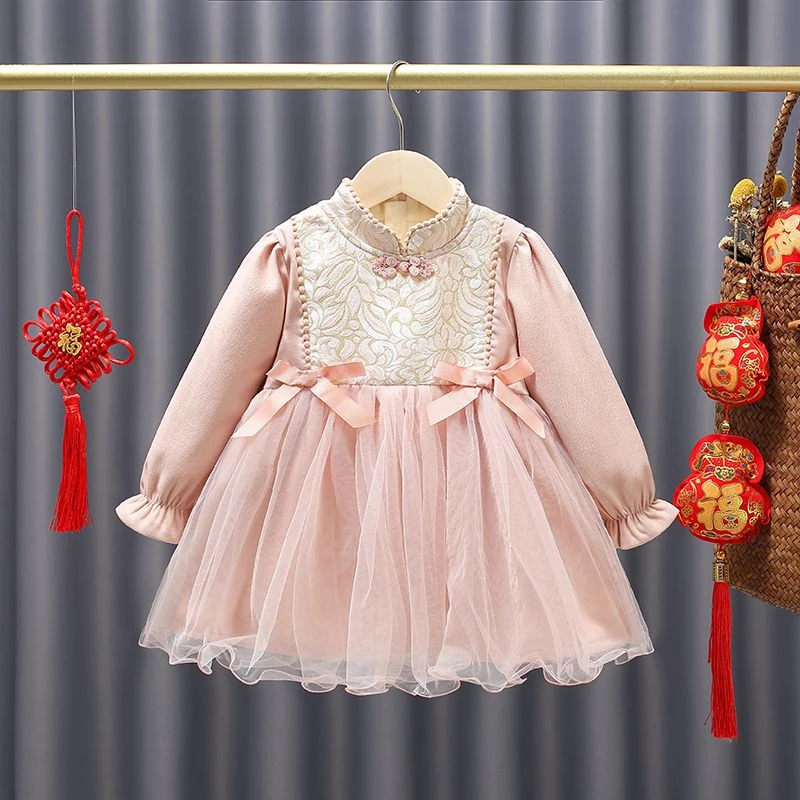 三岁女童喜庆年服加绒洋气中国风红色裙子冬装小童过年宝宝拜年服