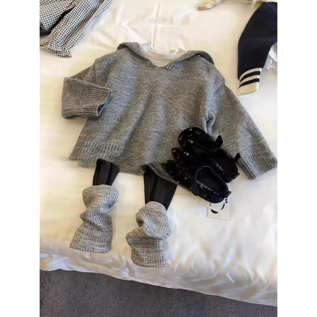 韩国森系童装24新款秋装女童针织毛衣条纹打底衫拼色爆款三件套装