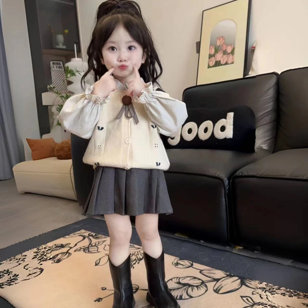 女童洋气三件套新款马甲衬衫短裙套装