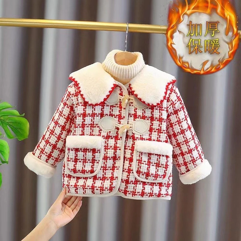 女童妮子大衣加绒加厚洋气中长款棉衣厚秋冬格子小香风衣服女宝宝