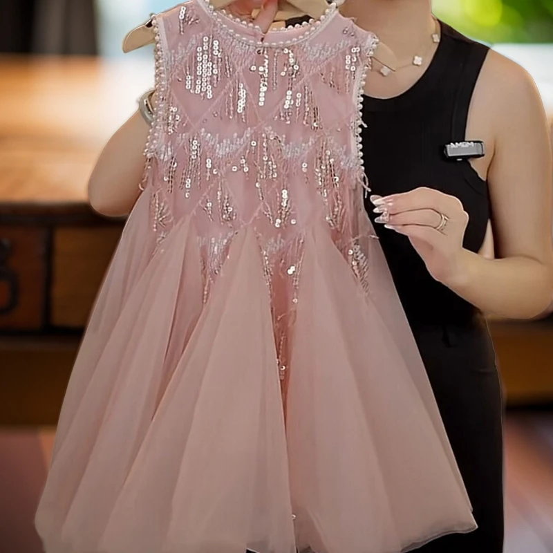 2024夏女童连衣裙蝴蝶结洋气女孩公主裙中大童飞袖亮片网纱礼服裙