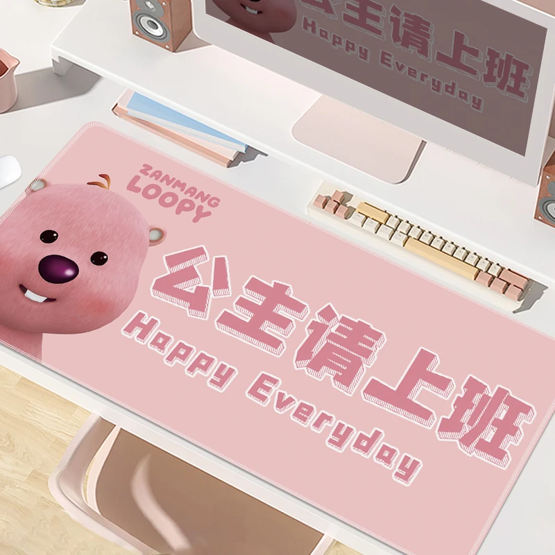 露比loopy超大鼠标垫小海狸女生粉色工位电脑桌垫趣味文字键盘垫
