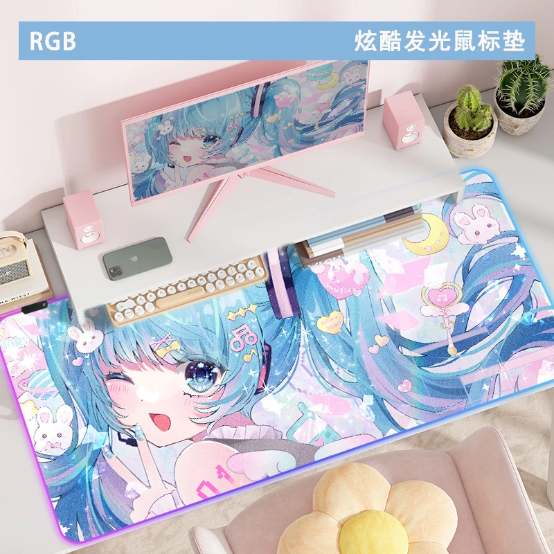 RGB发光鼠标垫电脑游戏桌垫大号二次元电竞键盘滑鼠垫护腕氛围灯