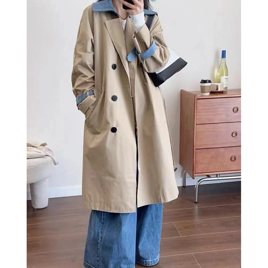 牛仔拼接风衣外套-0645