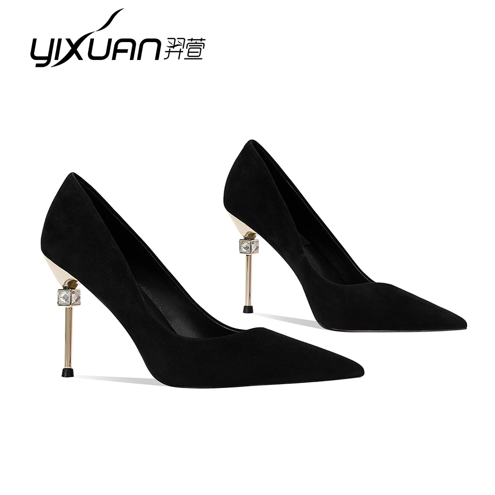 2025春季黑色新款单鞋女欧美浅口细跟尖头高跟鞋真皮百搭磨砂女鞋