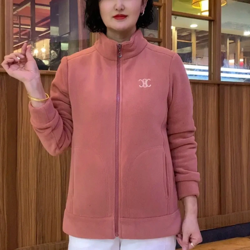 秋冬新款中老年女装加绒加厚夹克衫外套短款妈妈拉链纯色上衣大码