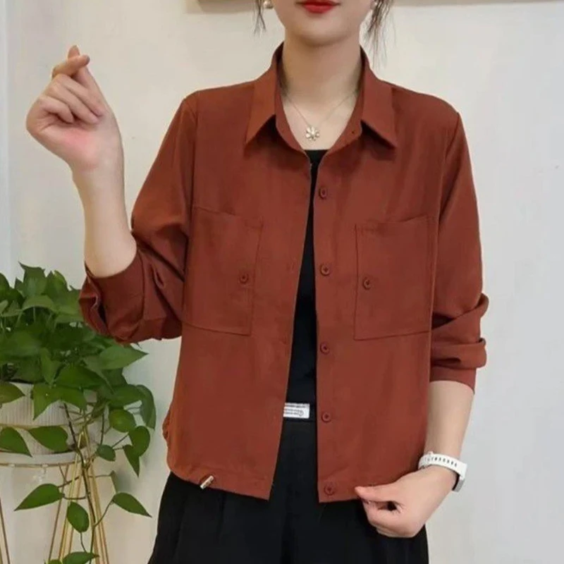 纯色长袖衬衫女2024秋新款休闲百搭纯色翻领衬衣开衫外套薄款上衣