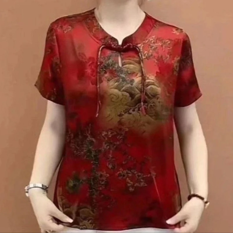夏季新款妈妈装短袖T恤中国风盘扣上衣打底衫中老年女装花色小衫