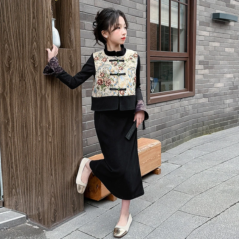 女童新中式套装春装2025新款网红洋气爆款6-12岁春秋款女孩套装裙