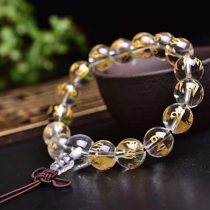 单圈女士男士12mm天然白水晶六字真言佛头手链礼物