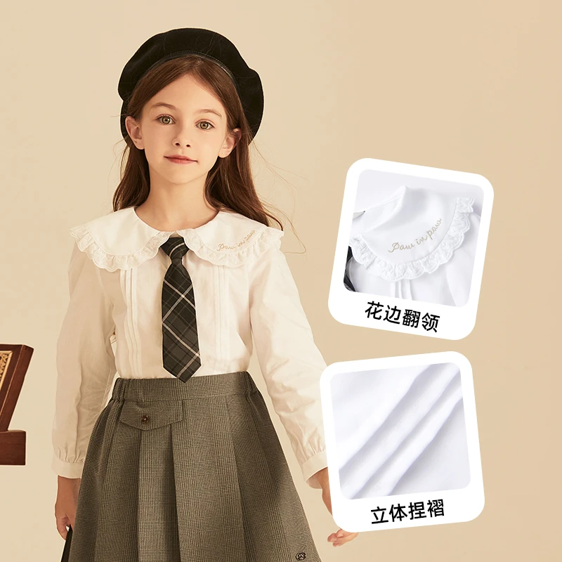 PawinPaw卡通小熊24秋款女童学院风娃娃领洋气长袖衬衫PCBAE4821O