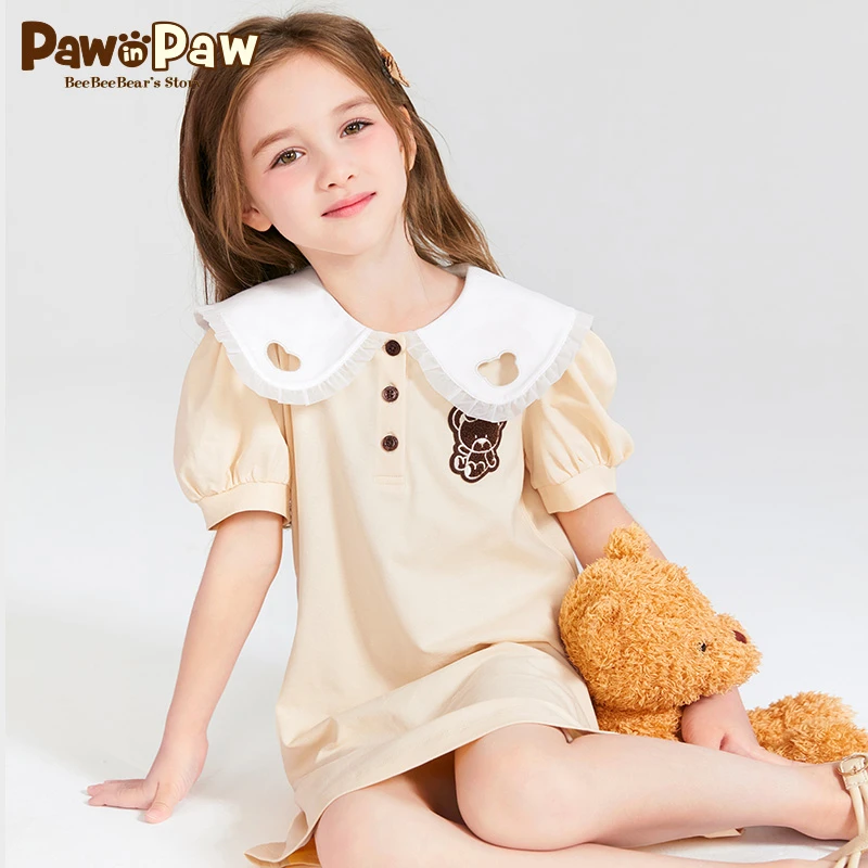 PawinPaw卡通小熊童装新款女童儿童娃娃领连衣裙公主风PCOME2522E