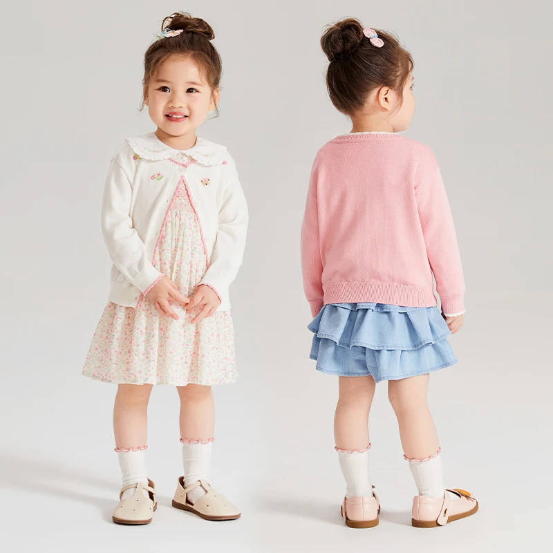 PawinPaw卡通小熊24年秋季女宝撞色刺绣印花针织开衫PCCKE2381N