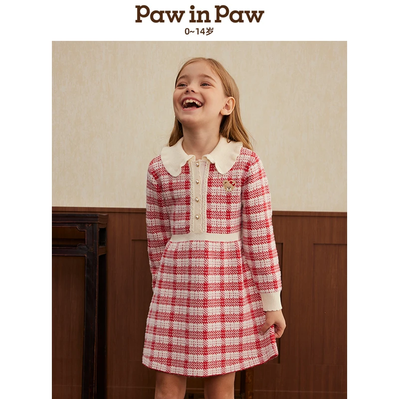 【达人专属】PawinPaw卡通小熊童装24年秋冬格纹连衣裙PCOKF2C51E