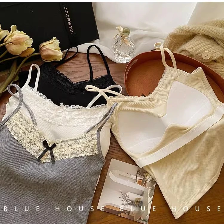 8044纯欲风蕾丝蝴蝶结吊带固定杯小背心女免穿文胸法式吊带裹胸