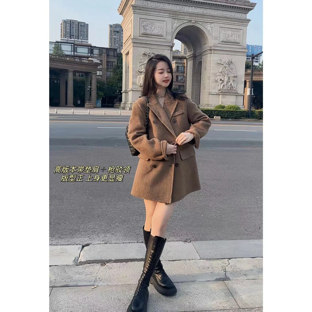 【罗马假日】韩版中长款西装垫肩枪驳领双面毛呢大衣外套气质