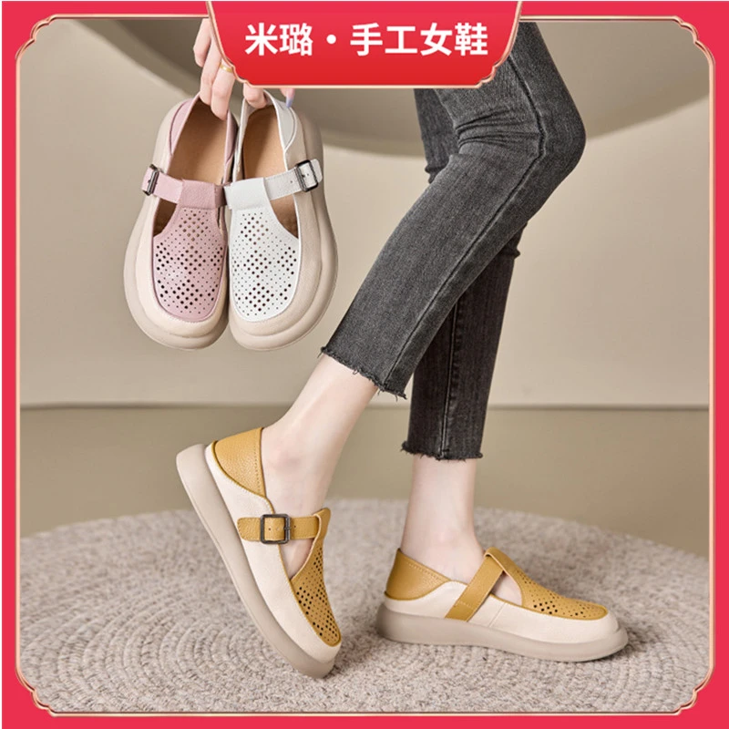 【全手工定制】超显气质软底软面舒适百搭休闲镂空凉鞋女增高单鞋女