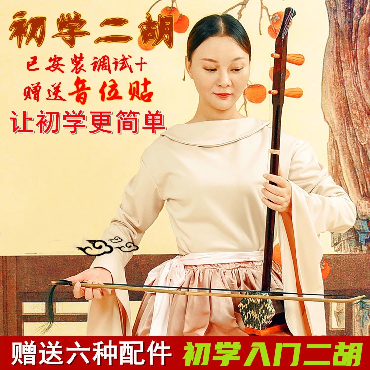 初学者入门民族乐器圆筒六角二胡实木蛇皮制作厂家直销送全部配件