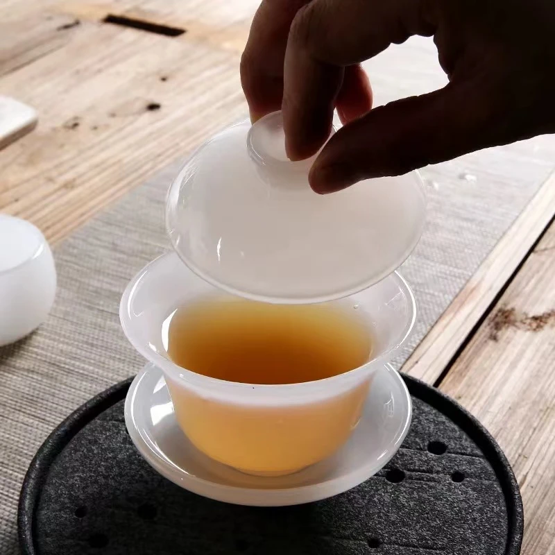 琉璃盖碗茶杯单个大号三才碗家用功夫茶手抓碗简约玉瓷敬茶碗B912