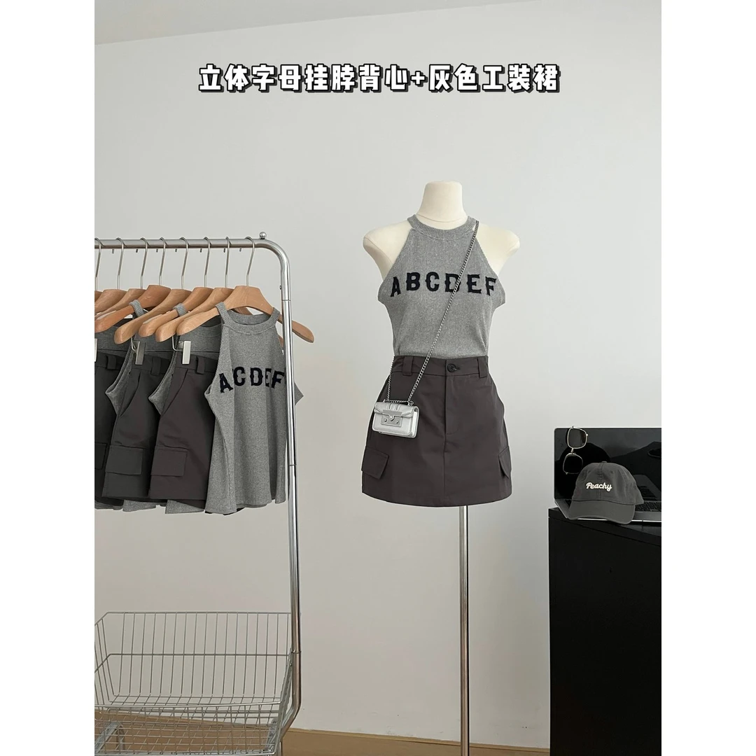 韩版甜辣妹字母无袖挂脖吊带背心女夏新款美式工装半身裙短裙套装