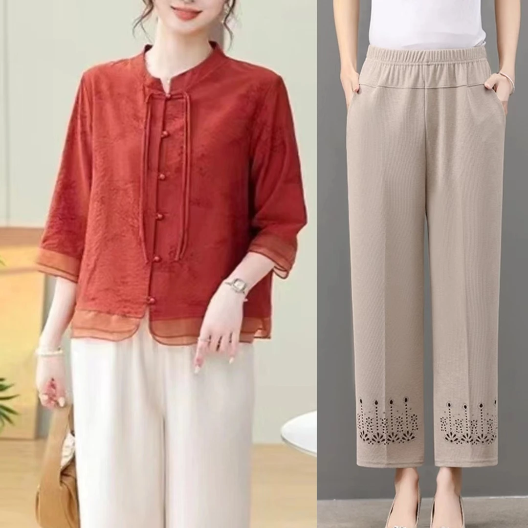 夏季薄款新中式小衫妈妈装2025中袖优雅百搭宽松国风中老年女上衣