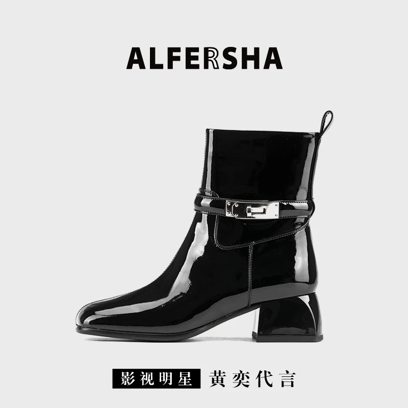 黄奕代言VIRE联名9688517新款法式金属扣百搭气质时尚粗跟短靴