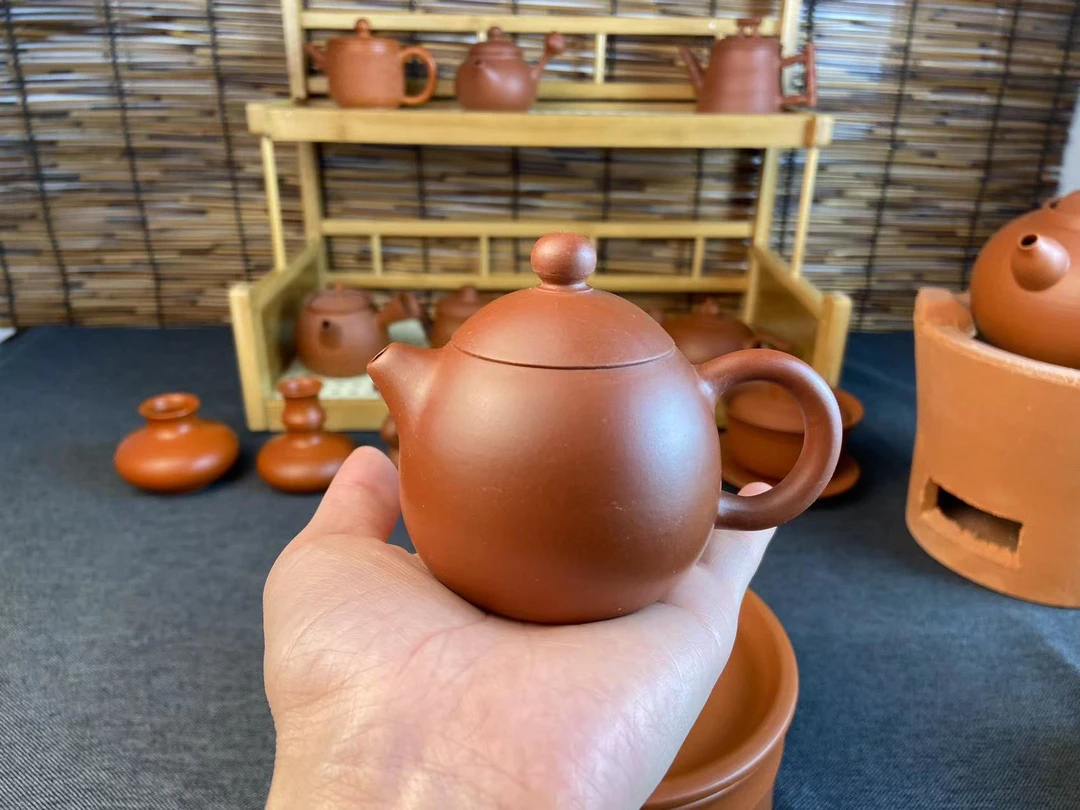 潮州红泥筋纹水平壶手拉壶功夫茶壶泥壶茶具手工龙蛋壶朱泥泡茶器