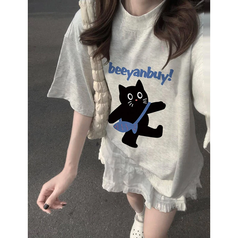 高级感花灰色宽松海洋蓝正肩上衣2024夏季新款小众慵懒短袖t恤女