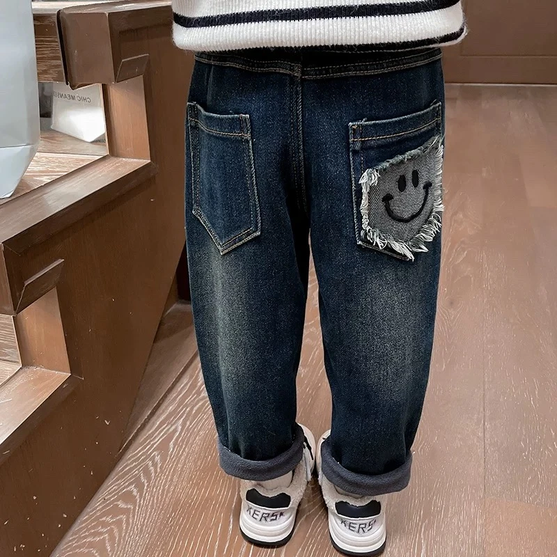 儿童加绒牛仔裤秋冬季2024新款中小童宽松一体绒裤子男女童长裤潮