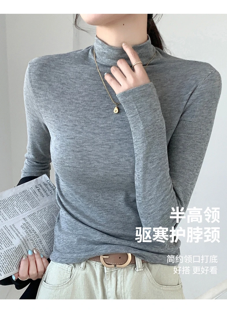 螺纹加绒打底衫半高领设计感抽褶紧身内搭磨毛韩版长袖T恤ol女