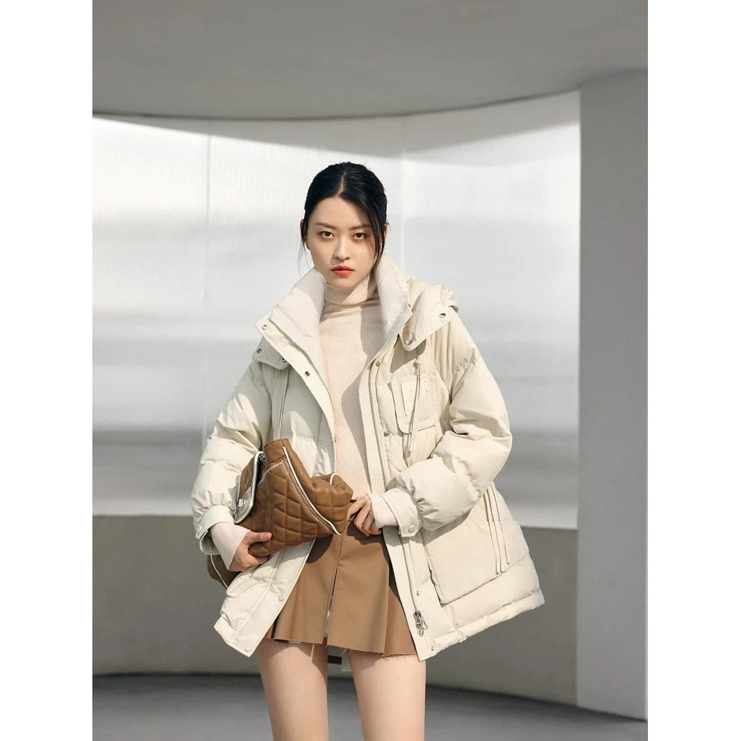 冬季新款连帽抽绳收腰设计感中长羽绒服D836