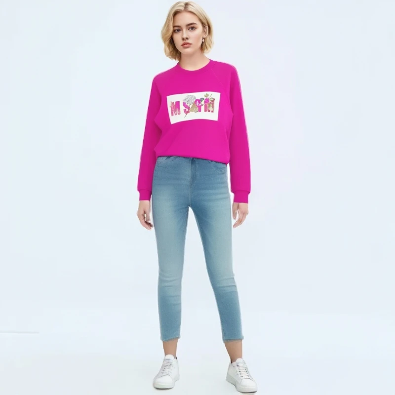 MSGM 女士休闲长袖 圆领T恤 玫红色
