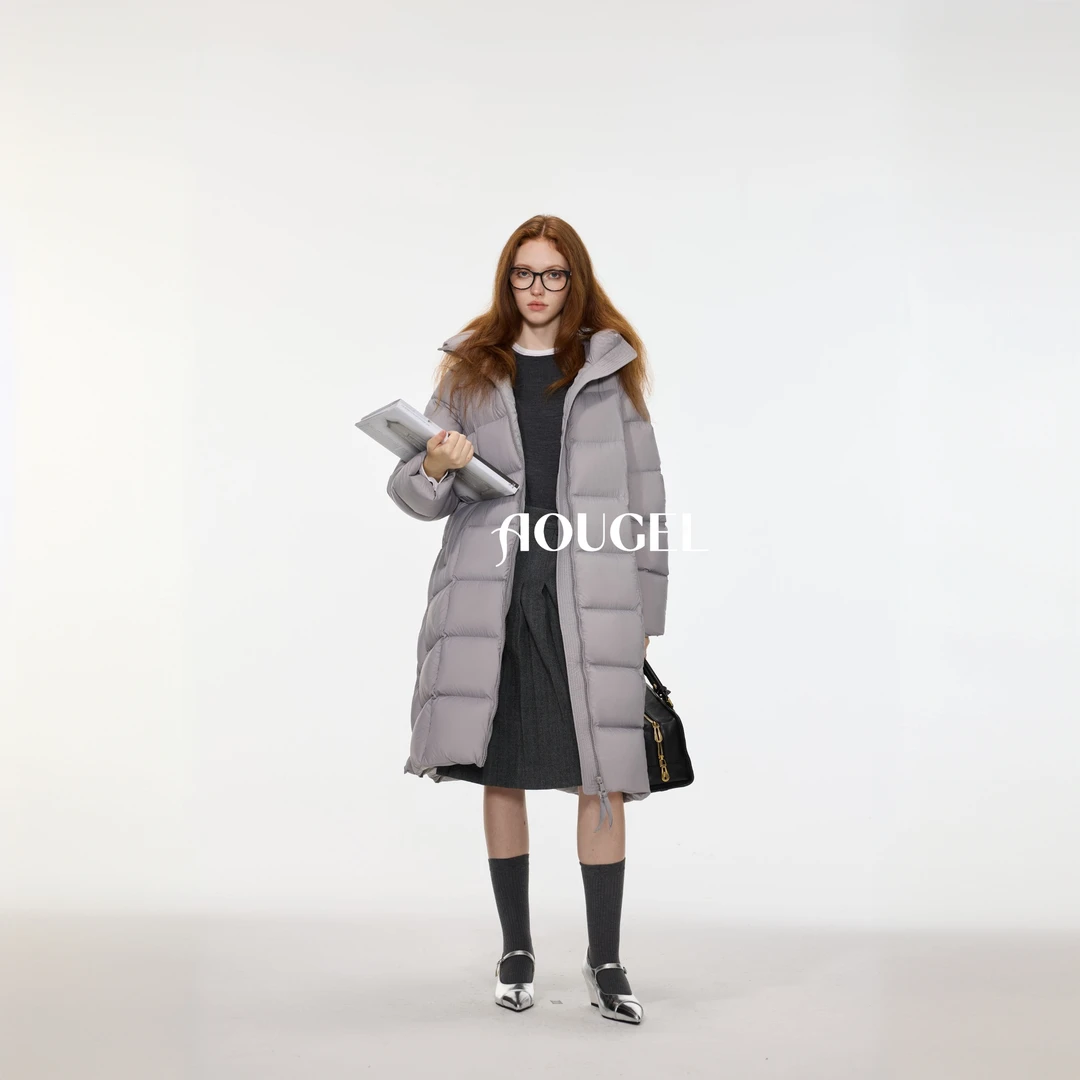 AOUGEL 长款侧扣零压设计师保暖90白鸭绒时尚羽绒服
