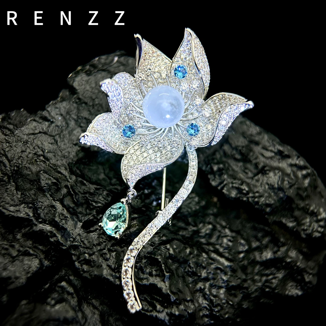 1766法★【盛开莲花】时尚百搭蓝色盛开莲花胸针