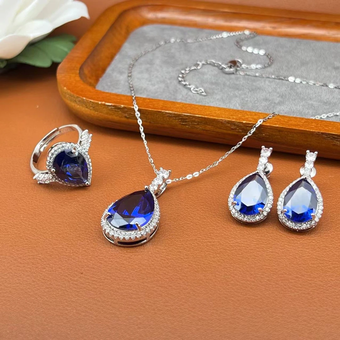 4597蓝色水滴项链+耳钉+戒指三件套
