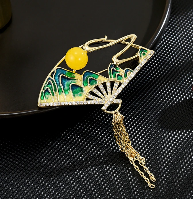 1142绿色宫廷风流扇子胸针