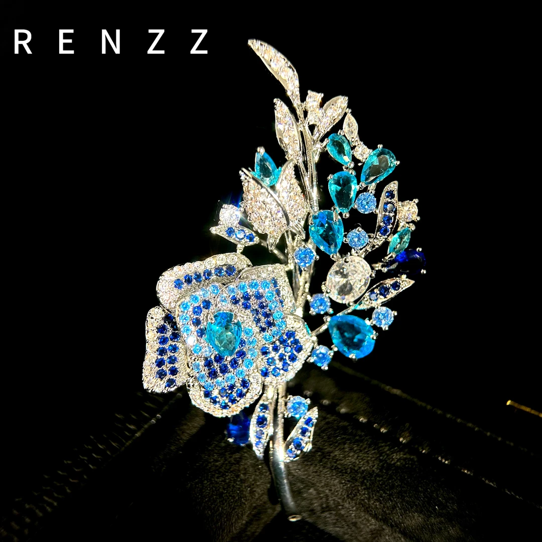 976法★【连枝山茶花】海蓝色连枝山茶花胸针