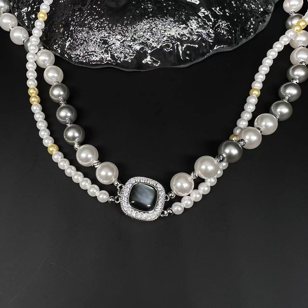 4410灰色圆球方块双层项链