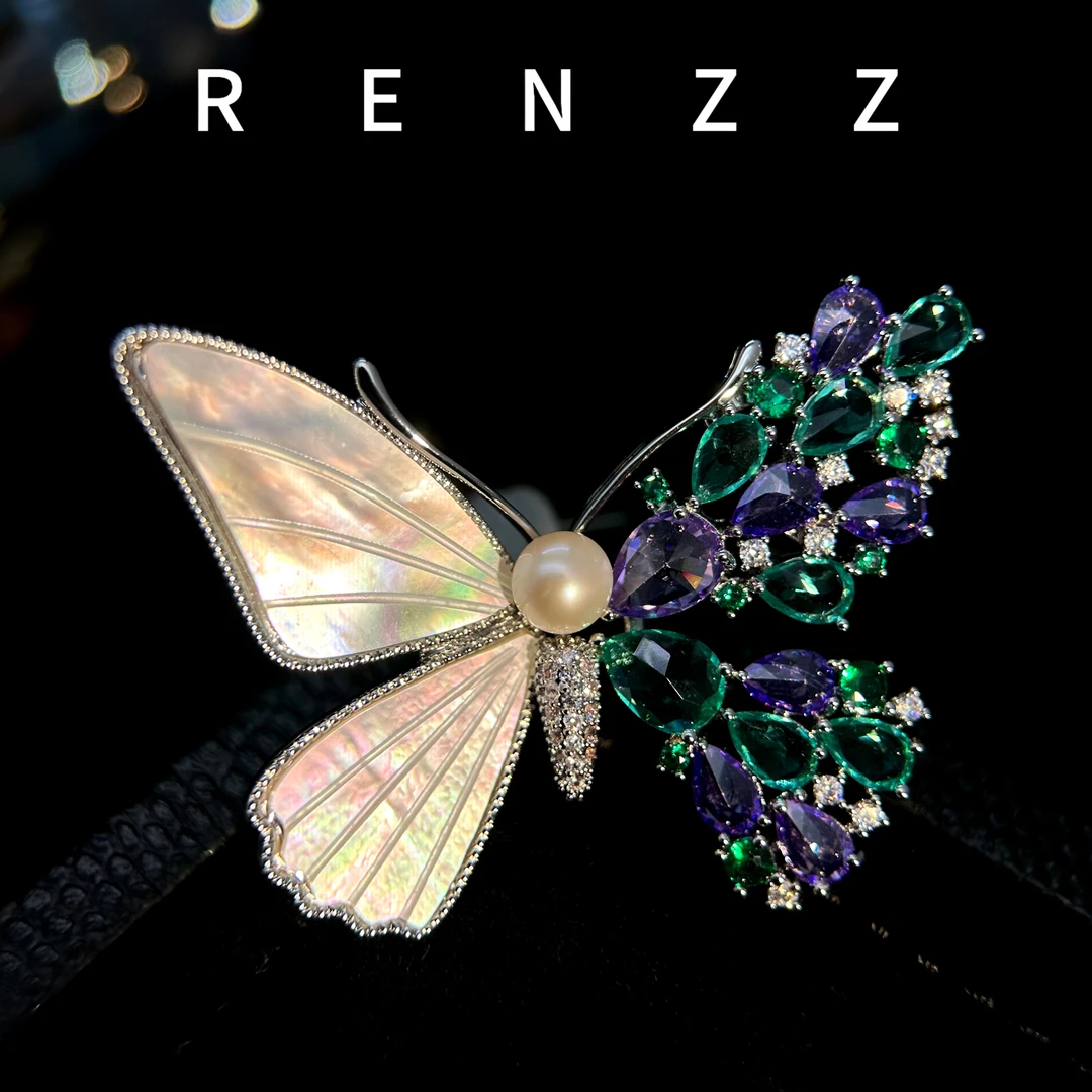 0046紫绿色蝴蝶贝壳胸针