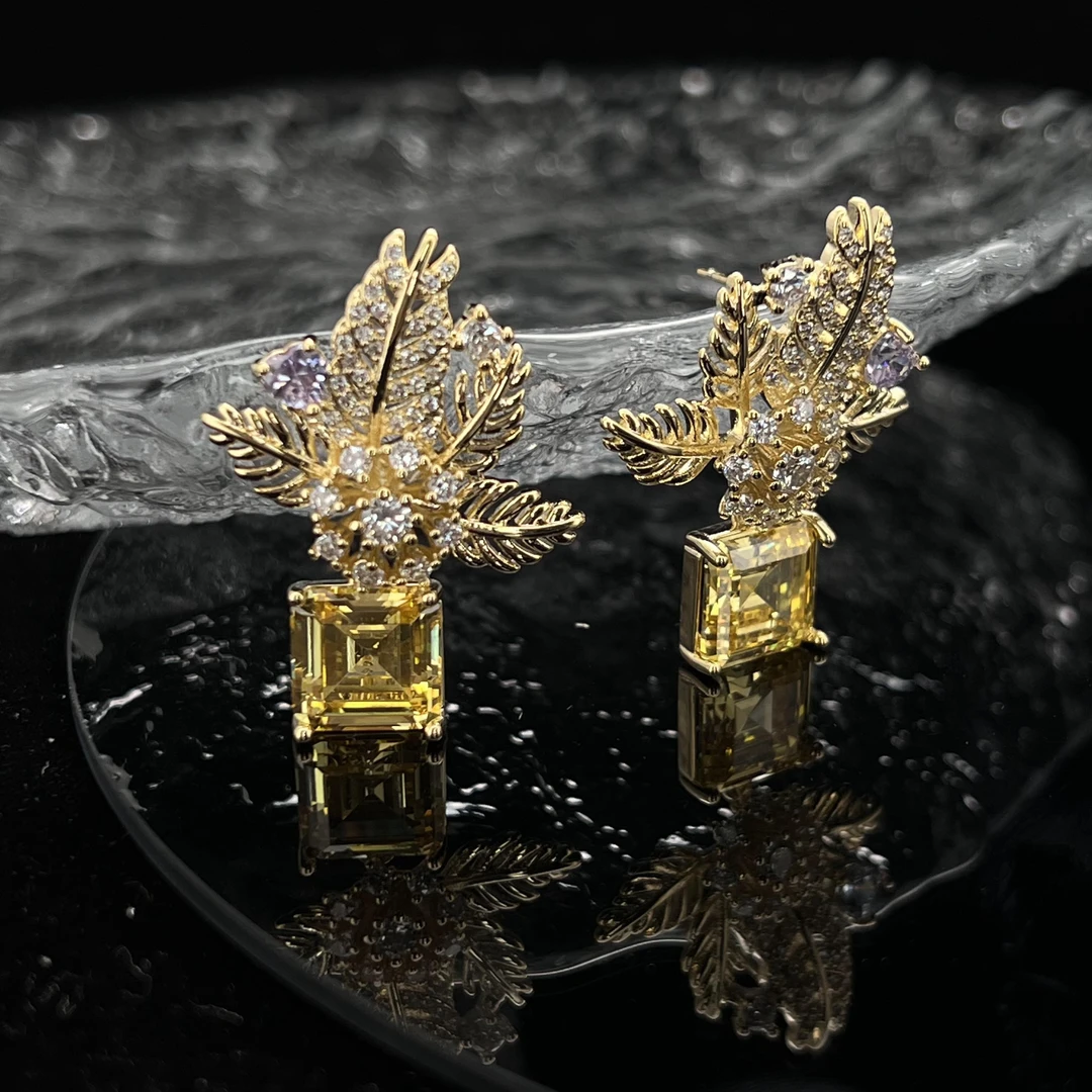 1400黄颜色方块树叶耳钉