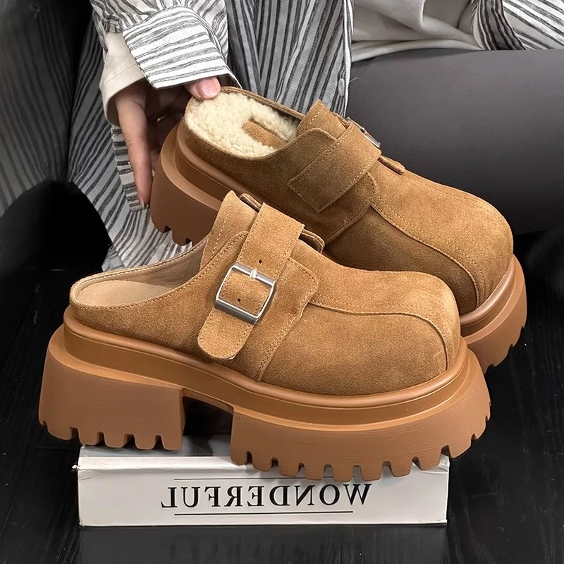 【品牌撤柜】磨砂松糕厚底拖鞋女外穿复古百搭小个子增高包头半拖鞋