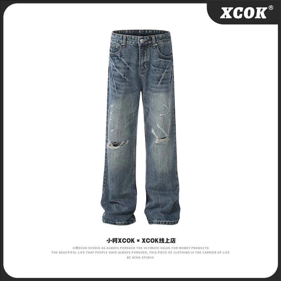 小柯XCOK 美式休闲复古街头潮流闪电纹破洞直筒宽松牛仔裤子G6312