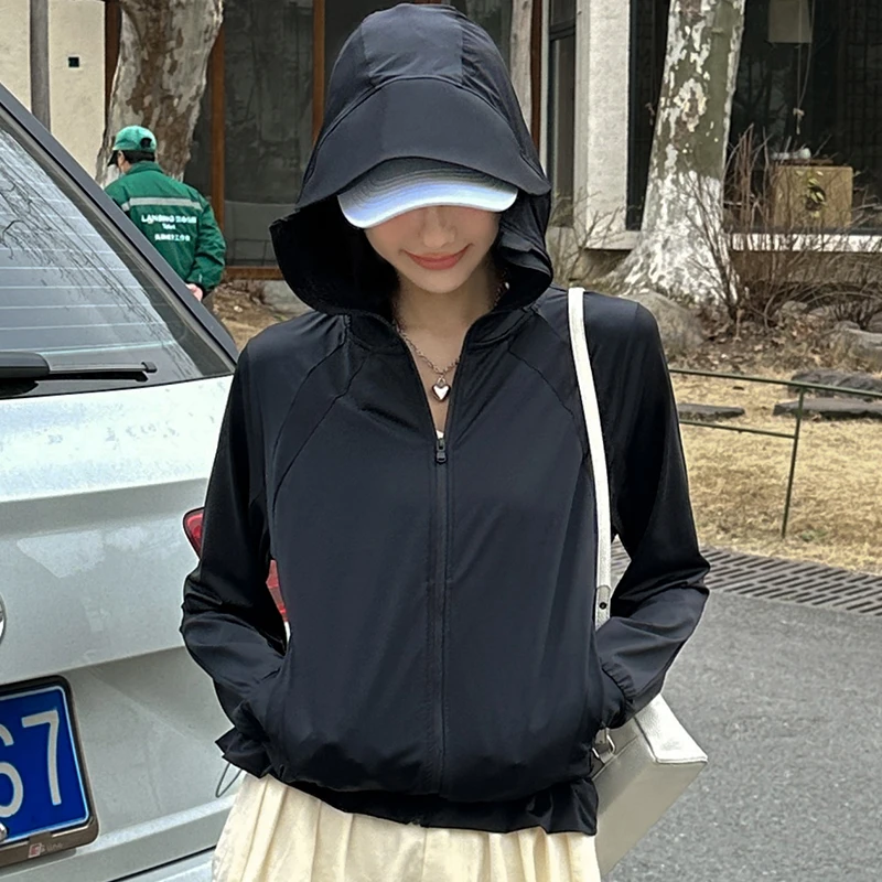 夏季防紫外线长袖超薄披肩防晒衣黑胶大帽檐冰感防晒服原纱upf50+